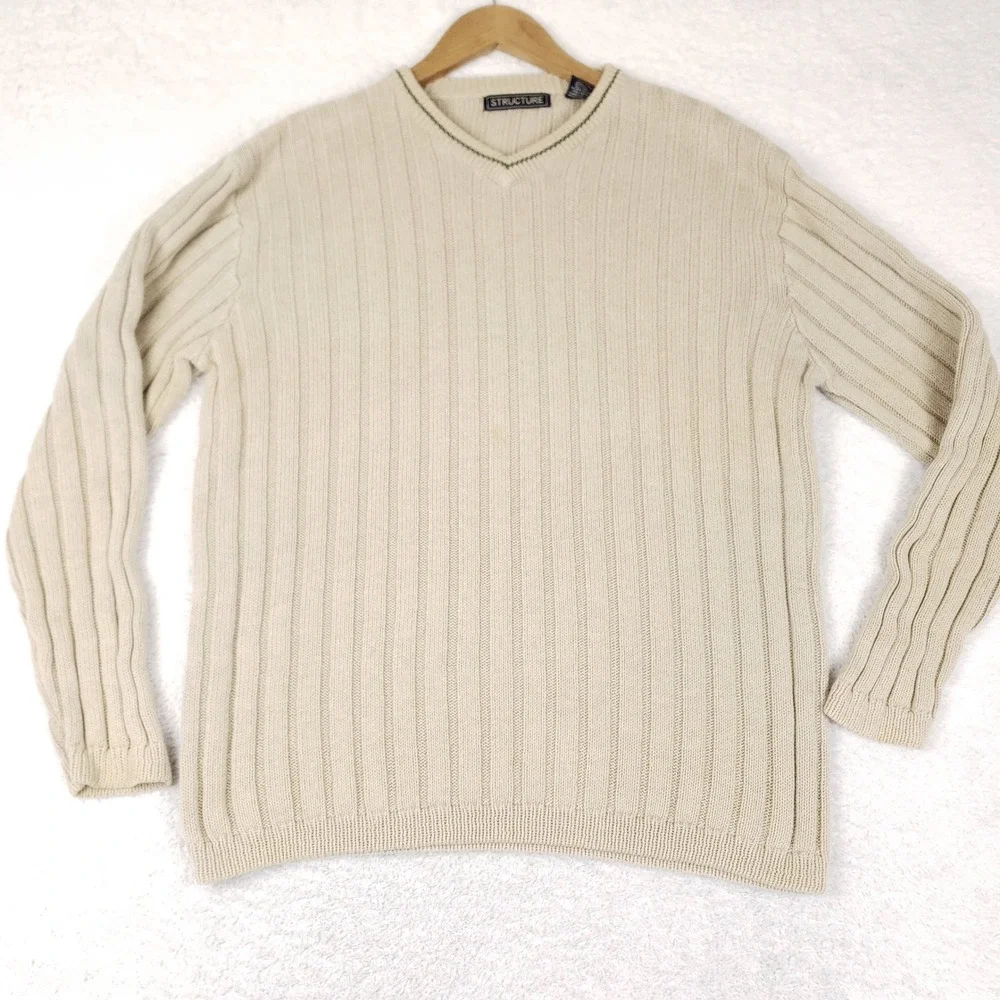 VTG Structure Sweater Mens Small Tan Beige V-Neck Ribbed Knit Ramie Cotton 90s
